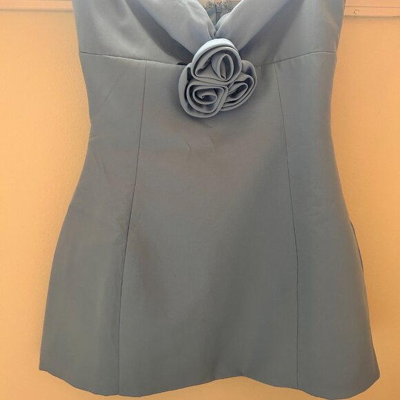 Showpo. Odelle Mini Dress - Tulip Hem Cut Out 3D Floral Dress in Blue - Picture 7 of 9